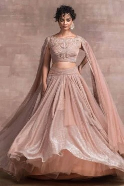 Tarun Tahiliani Old Rose Asymmetric Tulle Lehenga Set