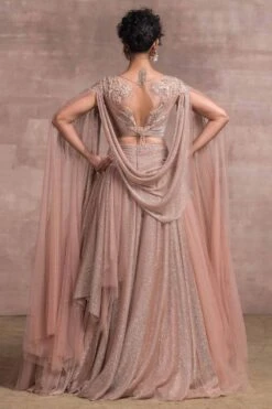 Tarun Tahiliani Old Rose Asymmetric Tulle Lehenga Set -Inca Sales Store fa awu kdr kl 4 cw 100 3 1