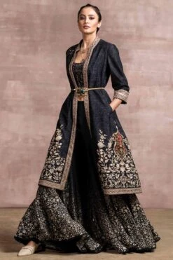 Tarun Tahiliani Black Printed Sharara Set With Embroidered Jacket