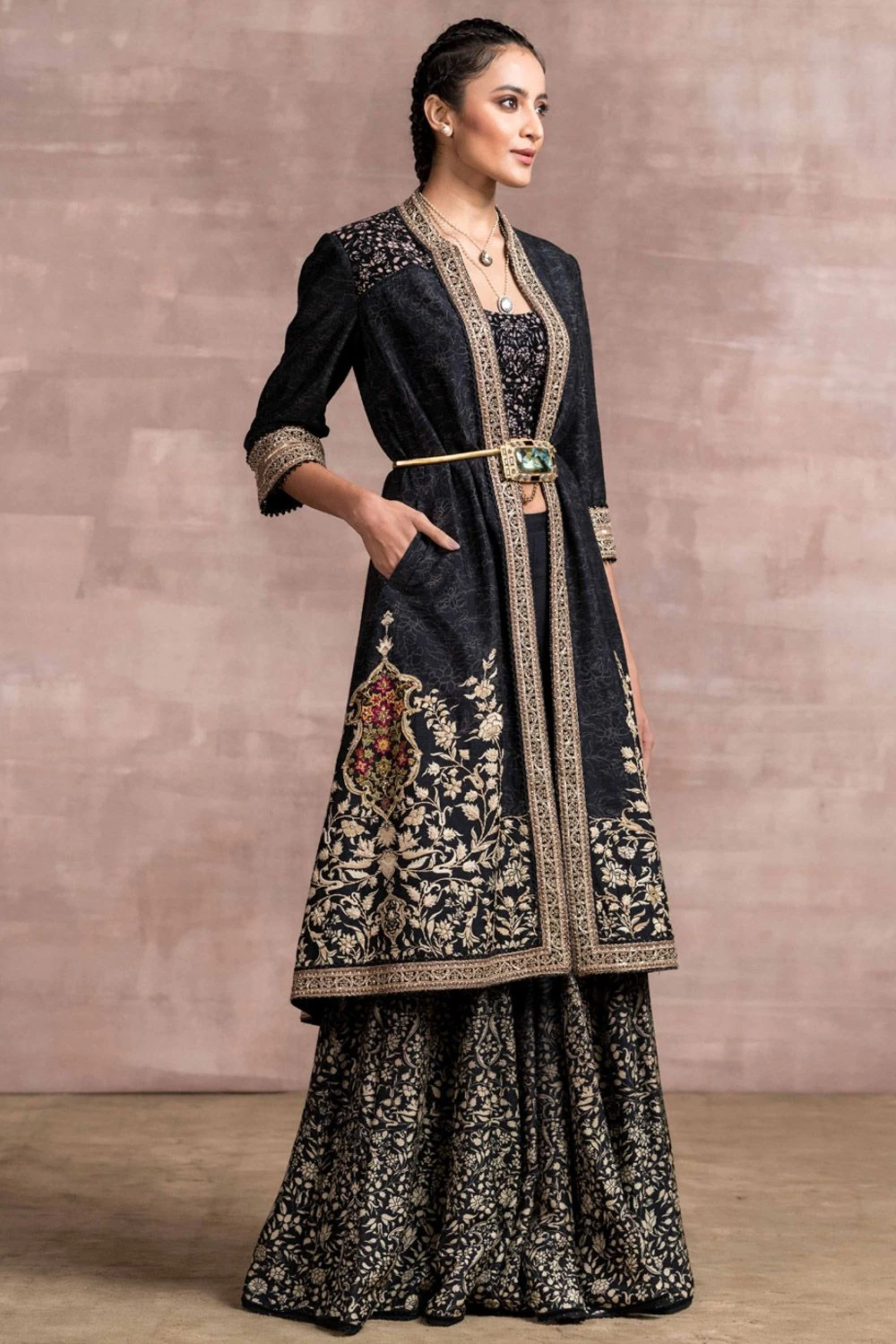 Tarun Tahiliani Black Printed Sharara Set With Embroidered Jacket 4 Tarun Tahiliani Black Printed Sharara Set With Embroidered Jacket - Image 2