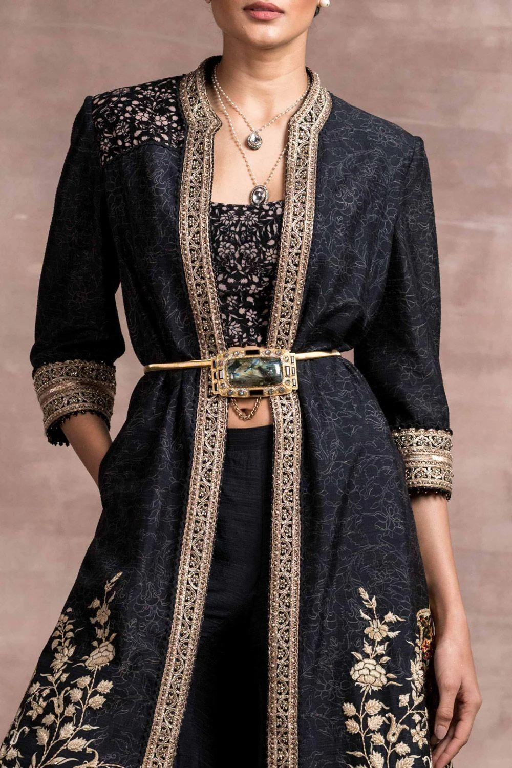 Tarun Tahiliani Black Printed Sharara Set With Embroidered Jacket 5 Tarun Tahiliani Black Printed Sharara Set With Embroidered Jacket - Image 3