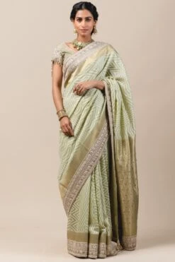 Tarun Tahiliani Mint Green Moonga Cutwork Embroidered Sari Set