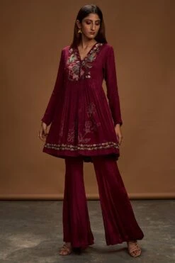 Half Full Curve Hand Embroidered Peplum Top & Bell Bottom Pants