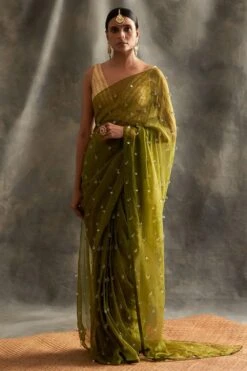 Itrh Moss Green Silk Organza Sari Set