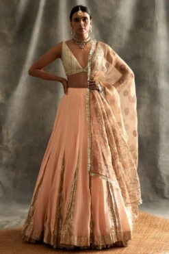 Itrh Peach Silk Chanderi Godet Lehenga Set