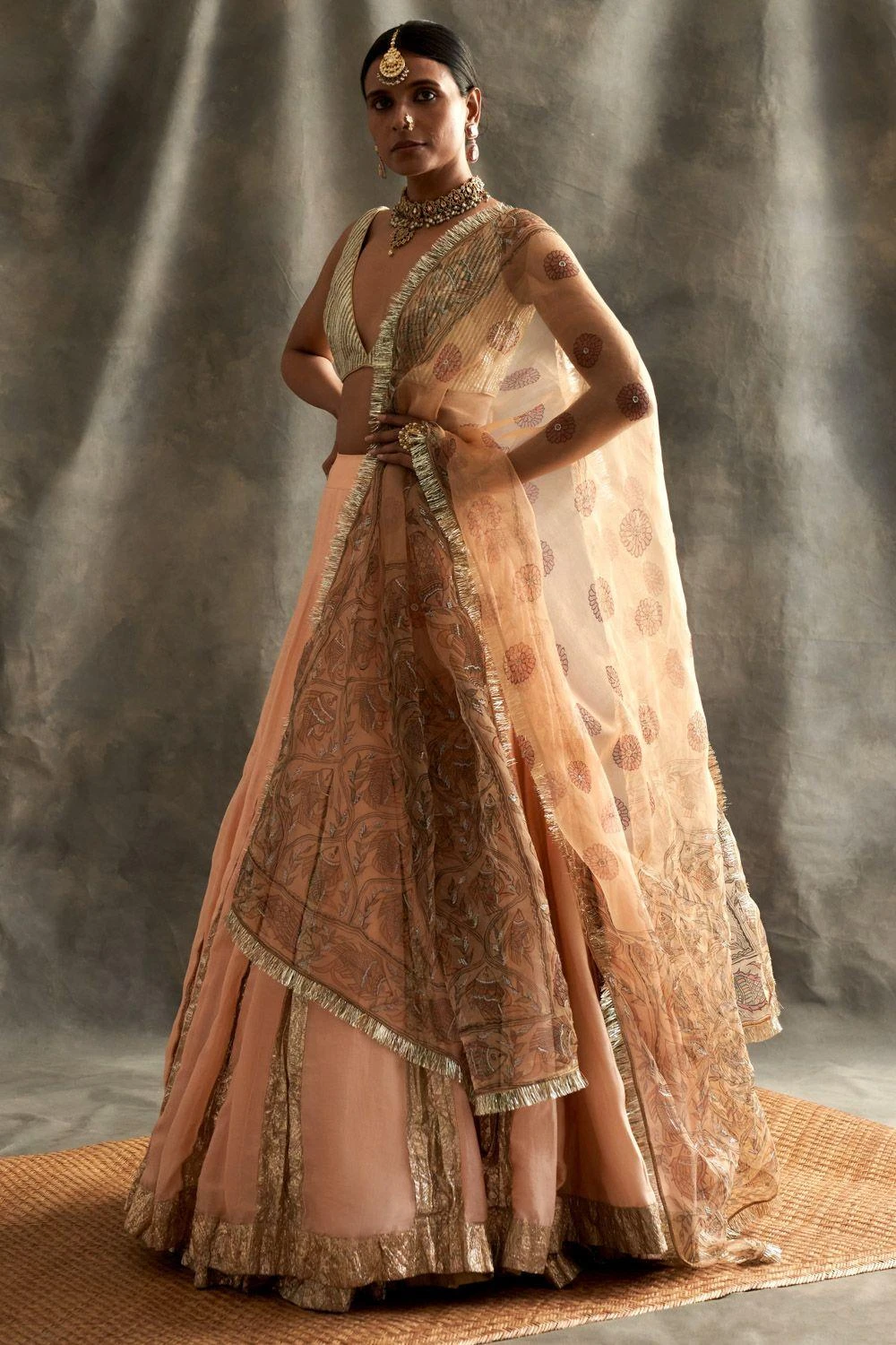 Itrh Peach Silk Chanderi Godet Lehenga Set 4 Itrh Peach Silk Chanderi Godet Lehenga Set - Image 2
