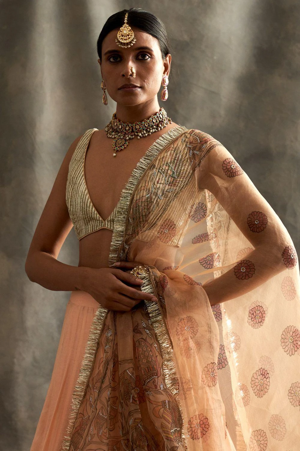 Itrh Peach Silk Chanderi Godet Lehenga Set 5 Itrh Peach Silk Chanderi Godet Lehenga Set - Image 3