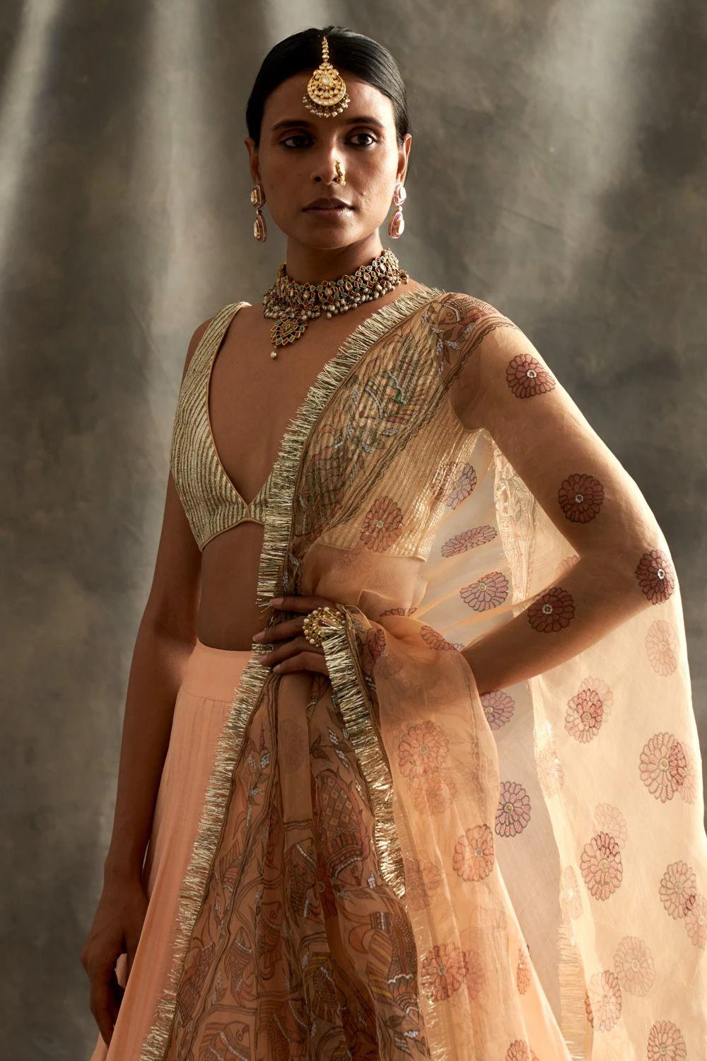 Itrh Peach Silk Chanderi Godet Lehenga Set 6 Itrh Peach Silk Chanderi Godet Lehenga Set - Image 4