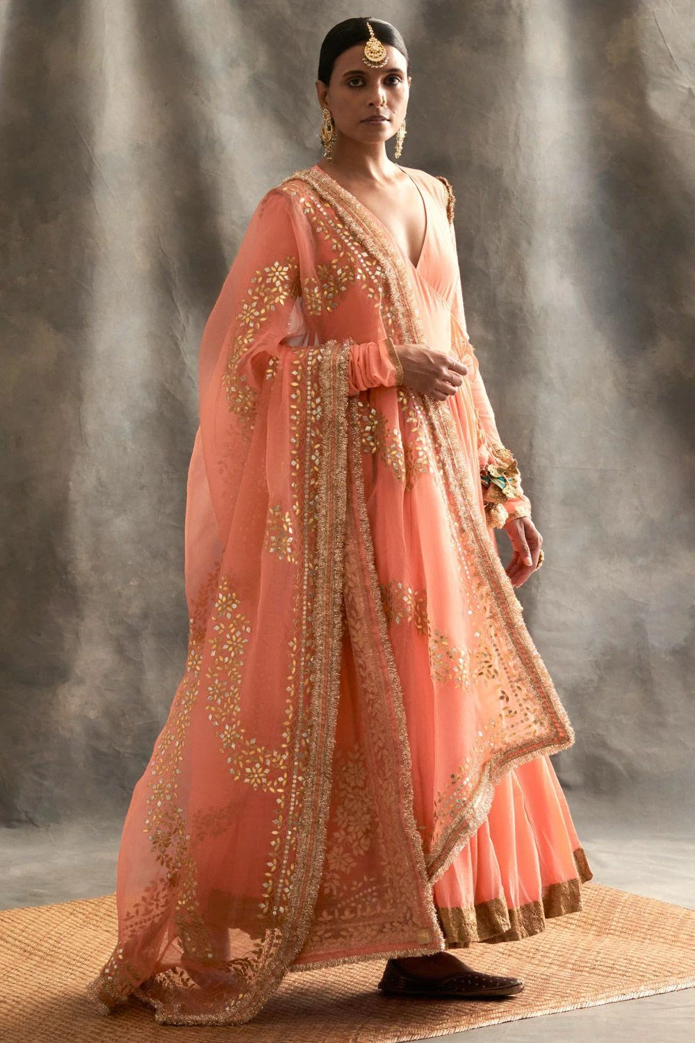 Itrh Peach Angrakha Set With Gota & Lampi Details 3 Itrh Peach Angrakha Set With Gota & Lampi Details