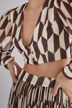 KoAi Geometric Brown And Cream Top With Puffed Sleeves -Inca Sales Store kofw20034 3