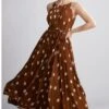 KoAi Brown And Cream Polka Pleated Maxi Dress