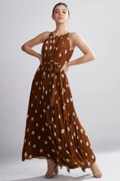KoAi Brown And Cream Polka Pleated Maxi Dress -Inca Sales Store kofw20045 2