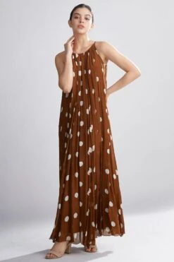 KoAi Brown And Cream Polka Pleated Maxi Dress -Inca Sales Store kofw20045 3