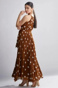 KoAi Brown And Cream Polka Pleated Maxi Dress -Inca Sales Store kofw20045 5