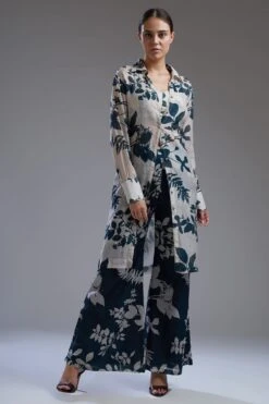 KoAi Chanderi Silk White & Teal Floral Long Shirt -Inca Sales Store koss2033 2