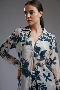 KoAi Chanderi Silk White & Teal Floral Long Shirt -Inca Sales Store koss2033 3