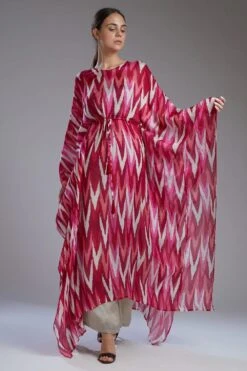 KoAi Chiffon White & Pink Dabu Zig Zag Kaftan -Inca Sales Store koss2093 2