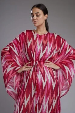 KoAi Chiffon White & Pink Dabu Zig Zag Kaftan -Inca Sales Store koss2093 3