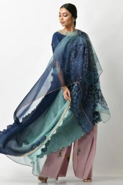 Kiran Uttam Ghosh Aqua Batik Print Pleated One Shoulder Drape Tunic -Inca Sales Store kug1021004 2 1