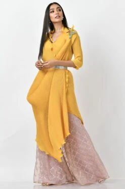 Kiran Uttam Ghosh Yellow Pleated Wrap With Bird Motif -Inca Sales Store kug20211 2