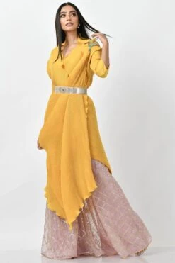 Kiran Uttam Ghosh Yellow Pleated Wrap With Bird Motif -Inca Sales Store kug20211 3
