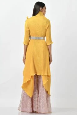 Kiran Uttam Ghosh Yellow Pleated Wrap With Bird Motif -Inca Sales Store kug20211 4