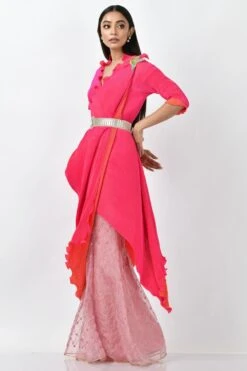 Kiran Uttam Ghosh Fuschia Pleated Wrap & Mirrorwork Sharara Set