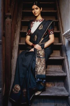 Mimamsaa Charcoal & Ivory Munga Silk Blouse