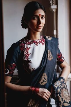 Mimamsaa Charcoal & Ivory Munga Silk Blouse -Inca Sales Store mim01201 3