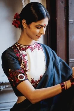 Mimamsaa Charcoal & Ivory Munga Silk Blouse -Inca Sales Store mim01201 4