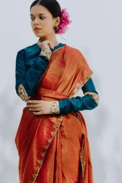 Mimamsaa Teal Green Full Sleeves Chanderi Silk Blouse -Inca Sales Store mim01208o 3