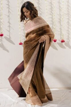 Mimamsaa Olive Tissue Silk Woven Sari With Blouse Piece