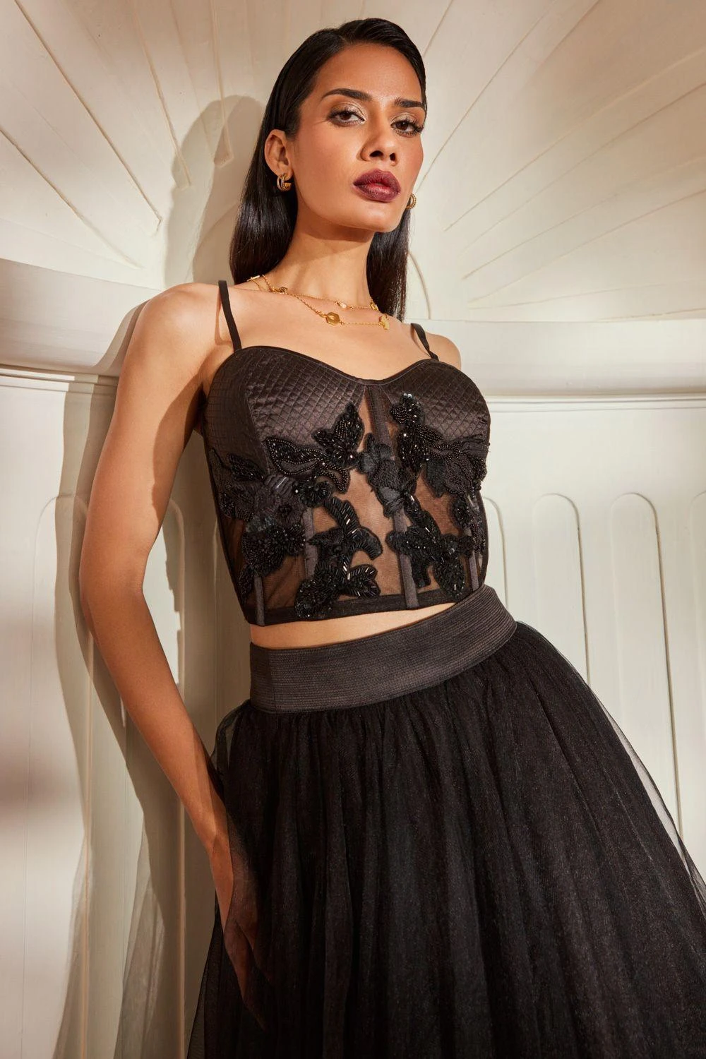 Nikita Mhaisalkar Black Tulle Embellished Lehenga Set 5 Nikita Mhaisalkar Black Tulle Embellished Lehenga Set - Image 3