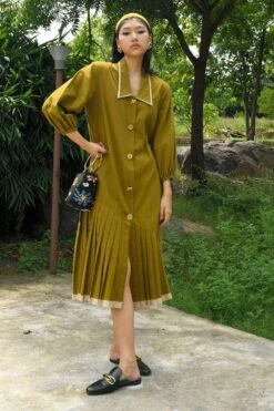 Ode To Odd Olive Green Hand Pleated Dress
