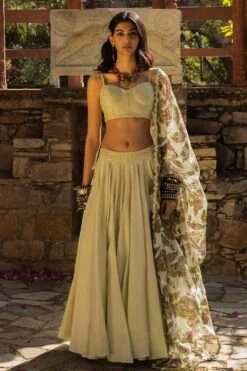 Punit Balana Mint Lehenga With Resham Work & Printed Dupatta