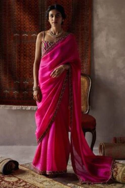 Punit Balana Fuschia Pink Organza Silk Sari Set