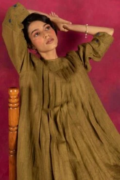 Indigene Olive Embroidered Linen Dress -Inca Sales Store pf 2102 2
