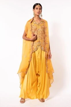 Petticoat Lane By Divya Yellow Embroidered Jacket & Dhoti With Cape