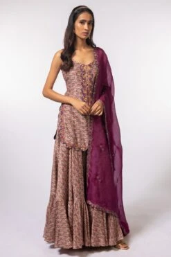 Petticoat Lane By Divya Printed Strappy Sharara Set With Burgundy Dupatta