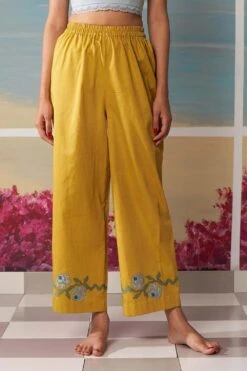 Ikai Mustard Palazzos With Floral Applique Details -Inca Sales Store pnt3125 2