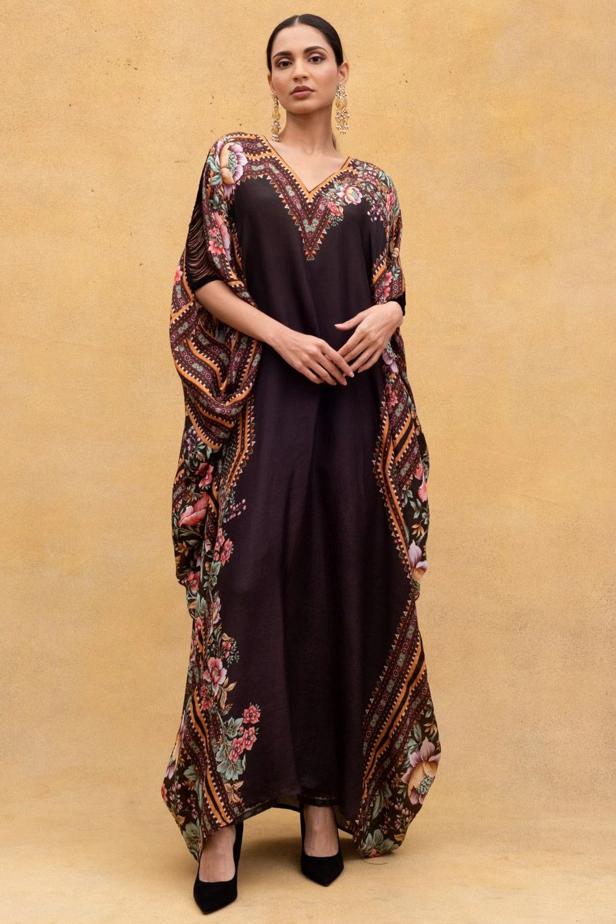 Rajdeep Ranawat Black Chintz Printed Kaftan With Kutch Borders 3 Rajdeep Ranawat Black Chintz Printed Kaftan With Kutch Borders