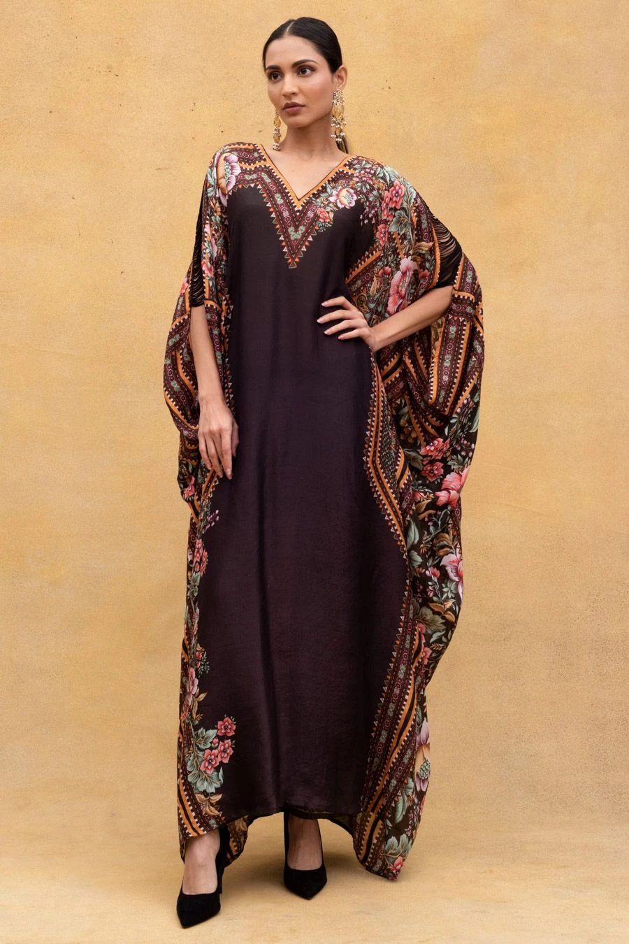 Rajdeep Ranawat Black Chintz Printed Kaftan With Kutch Borders 4 Rajdeep Ranawat Black Chintz Printed Kaftan With Kutch Borders - Image 2