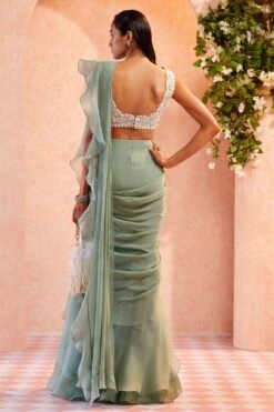 Ridhi Mehra Sea Green Draped Ruffle Sari Set -Inca Sales Store rmdl 08 3 1