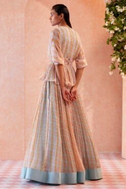 Ridhi Mehra Ice Blue Ikat Printed Peplum & Lehenga Set -Inca Sales Store rmdl 19 3