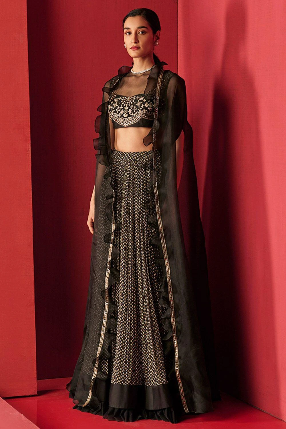 Ridhi Mehra Embroidered Blouse With A Printed Lehenga & Cape 3 Ridhi Mehra Embroidered Blouse With A Printed Lehenga & Cape