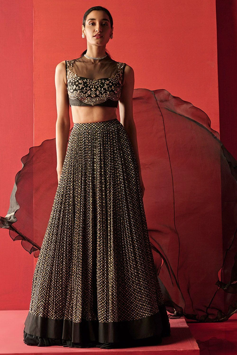 Ridhi Mehra Embroidered Blouse With A Printed Lehenga & Cape 4 Ridhi Mehra Embroidered Blouse With A Printed Lehenga & Cape - Image 2