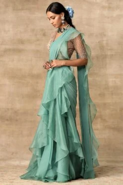 Ridhi Mehra Ula Teal & Champagne Ruffle Sari Set