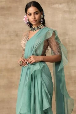Ridhi Mehra Ula Teal & Champagne Ruffle Sari Set -Inca Sales Store rmwd 09 3