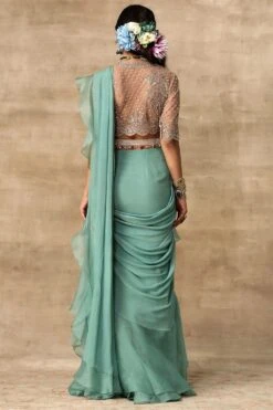 Ridhi Mehra Ula Teal & Champagne Ruffle Sari Set -Inca Sales Store rmwd 09 5