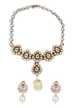 Sangeeta Boochra Silver Necklace Set With Peach Chalcedony Stone -Inca Sales Store sbn 5420 2